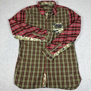 Vintage Rich Gang Button Up Camo Accent Plaid Shirt Size Large RARE